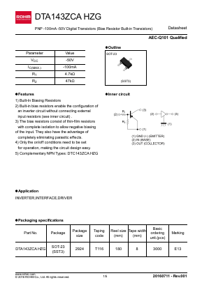 DTA143ZCAHZGT116 Datasheet PDF ROHM Semiconductor