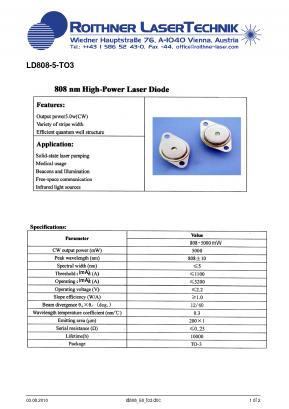 LD808-5-TO3 Datasheet PDF Roithner LaserTechnik GmbH