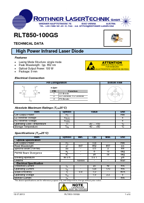 RLT850-100GS Datasheet PDF Roithner LaserTechnik GmbH