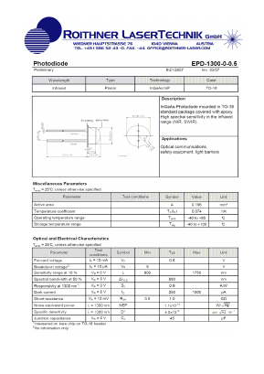EPD-1300-0-0.5 Datasheet PDF Roithner LaserTechnik GmbH