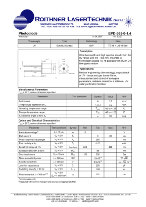 EPD-365-0-1.4 Datasheet PDF Roithner LaserTechnik GmbH