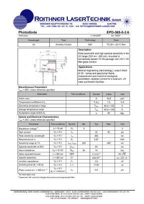 EPD-365-0-3.6 Datasheet PDF Roithner LaserTechnik GmbH