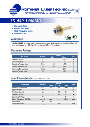 LD-450-1400MG Datasheet PDF Roithner LaserTechnik GmbH