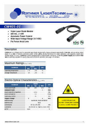 CW405-01 Datasheet PDF Roithner LaserTechnik GmbH