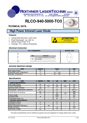RLCO-940-5000-TO3 Datasheet PDF Roithner LaserTechnik GmbH