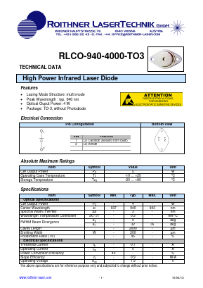 RLCO-940-4000-TO3 Datasheet PDF Roithner LaserTechnik GmbH