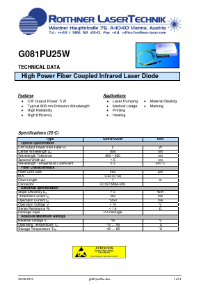 G081PU25W Datasheet PDF Roithner LaserTechnik GmbH
