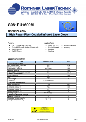 G081PU1600M Datasheet PDF Roithner LaserTechnik GmbH