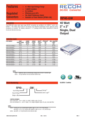 RP40-2405SGWN Datasheet PDF RECOM Electronic GmbH