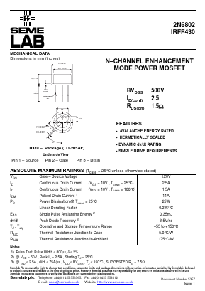 2N6802 Datasheet PDF Semelab - > TT Electronics plc 