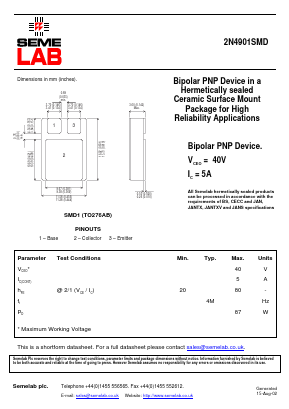 2N4901SMD Datasheet PDF Semelab - > TT Electronics plc 