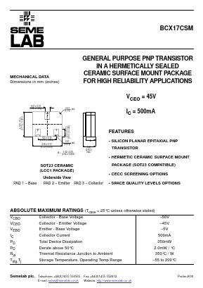 BCX17CSM Datasheet PDF Semelab - > TT Electronics plc 