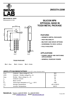 2N5337A-220M Datasheet PDF Semelab - > TT Electronics plc 