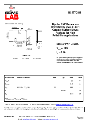 BC477CSM Datasheet PDF Semelab - > TT Electronics plc 