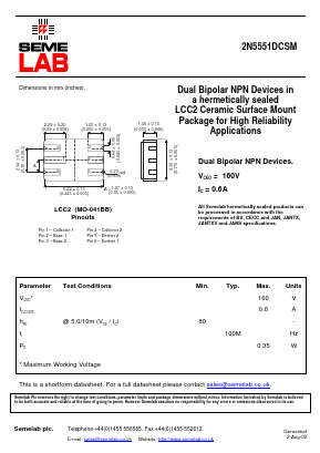 2N5551DCSM Datasheet PDF Semelab - > TT Electronics plc 
