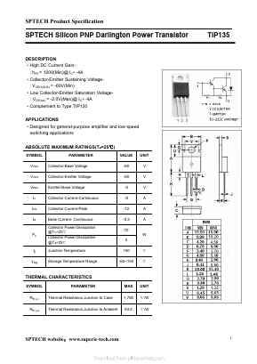 TIP135 Datasheet PDF Shenzhen SPTECH Microelectronics Co., Ltd.