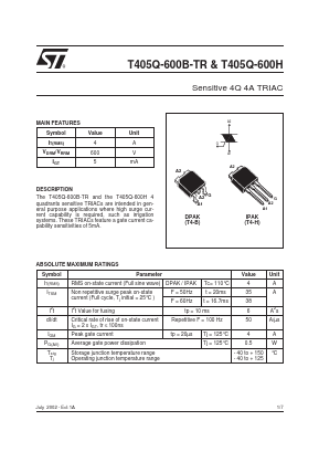 T405Q-600B Datasheet PDF STMicroelectronics