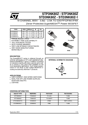 STD3NK80ZT4 Datasheet PDF STMicroelectronics