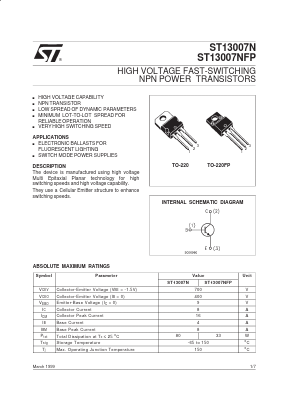 ST13007N Datasheet PDF STMicroelectronics