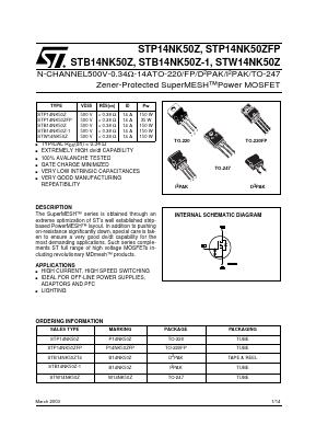 P14NK50ZFP Datasheet PDF STMicroelectronics
