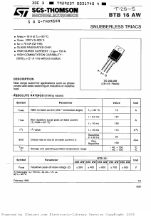 BTB16-700AW Datasheet PDF STMicroelectronics