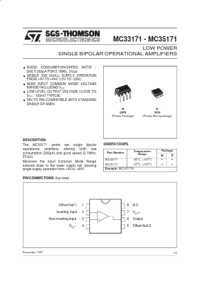 MC33171N Datasheet PDF STMicroelectronics