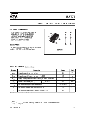 BAT74 Datasheet PDF STMicroelectronics