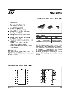 M74HC283TTR Datasheet PDF STMicroelectronics