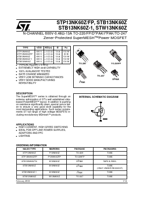 P13NK60Z Datasheet PDF STMicroelectronics