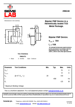 2N6246 Datasheet PDF Semelab - > TT Electronics plc 