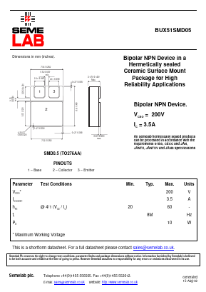 BUX51SMD05 Datasheet PDF Semelab - > TT Electronics plc 