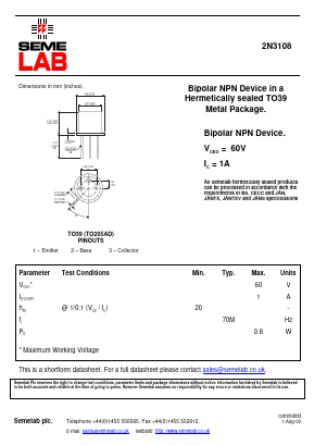 2N3108 Datasheet PDF Semelab - > TT Electronics plc 