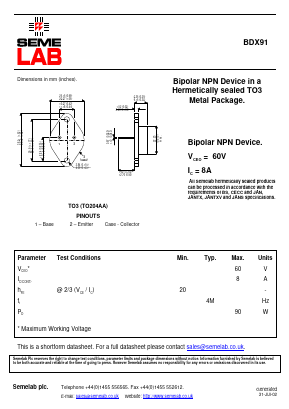 BDX91 Datasheet PDF Semelab - > TT Electronics plc 