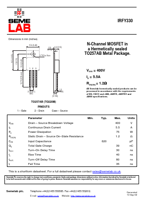 IRFY330 Datasheet PDF Semelab - > TT Electronics plc 