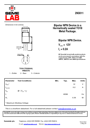 2N3011 Datasheet PDF Semelab - > TT Electronics plc 