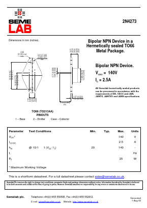 2N4273 Datasheet PDF Semelab - > TT Electronics plc 