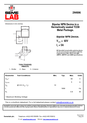 2N4896 Datasheet PDF Semelab - > TT Electronics plc 
