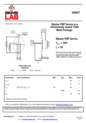 2N5607 Datasheet PDF Semelab - > TT Electronics plc 