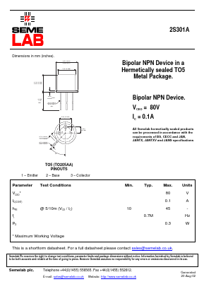 2S301A Datasheet PDF Semelab - > TT Electronics plc 