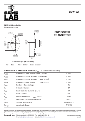 BDX16AA Datasheet PDF Semelab - > TT Electronics plc 