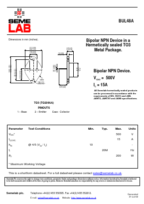 BUL48A Datasheet PDF Semelab - > TT Electronics plc 