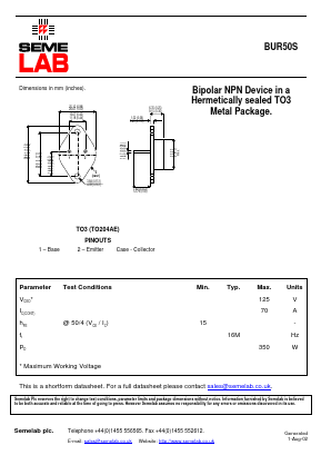 BUR50S Datasheet PDF Semelab - > TT Electronics plc 