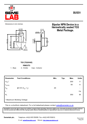 BUS51 Datasheet PDF Semelab - > TT Electronics plc 