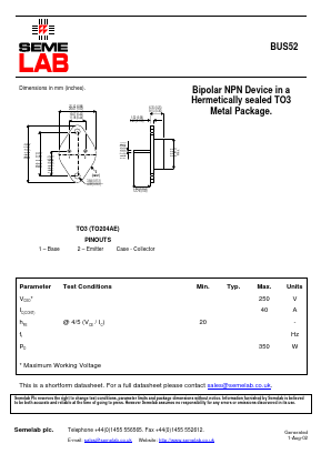 BUS52 Datasheet PDF Semelab - > TT Electronics plc 
