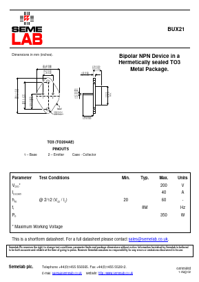BUX21 Datasheet PDF Semelab - > TT Electronics plc 