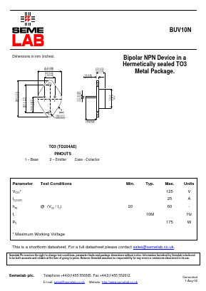 SF_BUV10N Datasheet PDF Semelab - > TT Electronics plc 