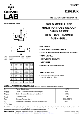 D2022UK Datasheet PDF Semelab - > TT Electronics plc 