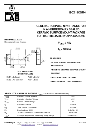 BCX19CSM4 Datasheet PDF Semelab - > TT Electronics plc 