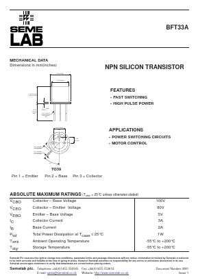 BFT33A Datasheet PDF Semelab - > TT Electronics plc 