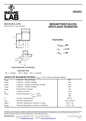 2N3053 Datasheet PDF Semelab - > TT Electronics plc 